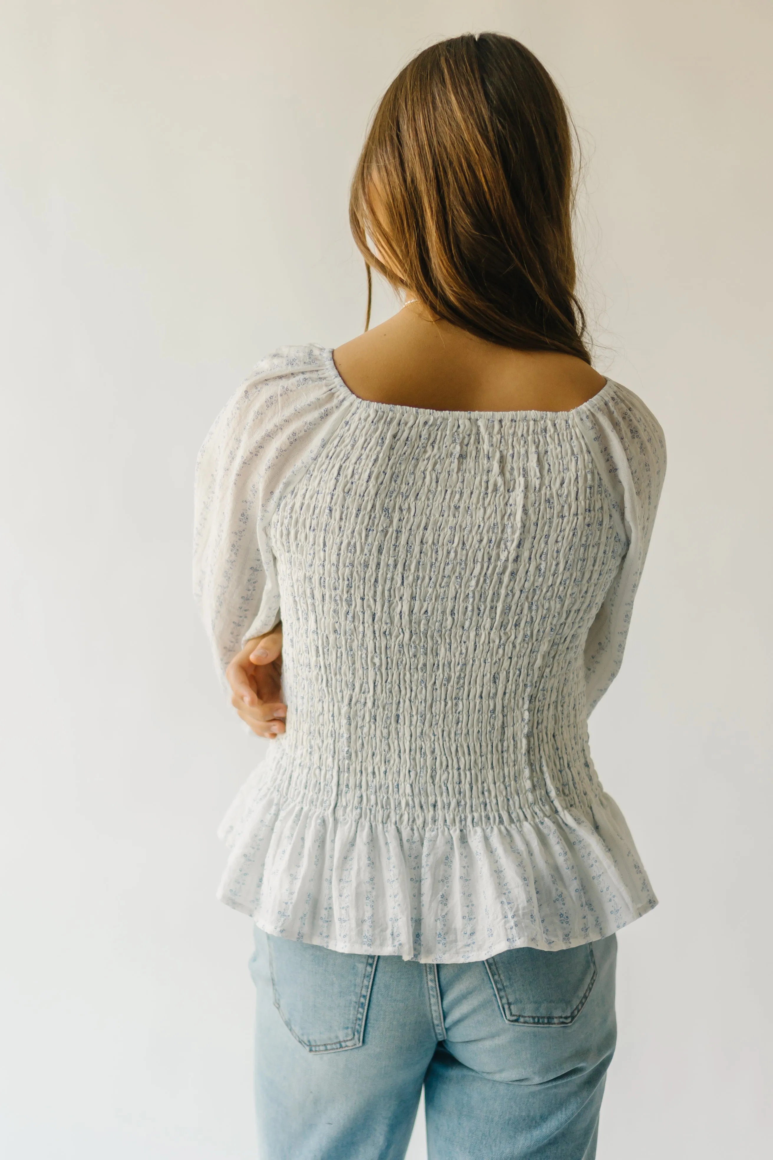 The Tamburro Smocked Detail Blouse in Ivory   Blue