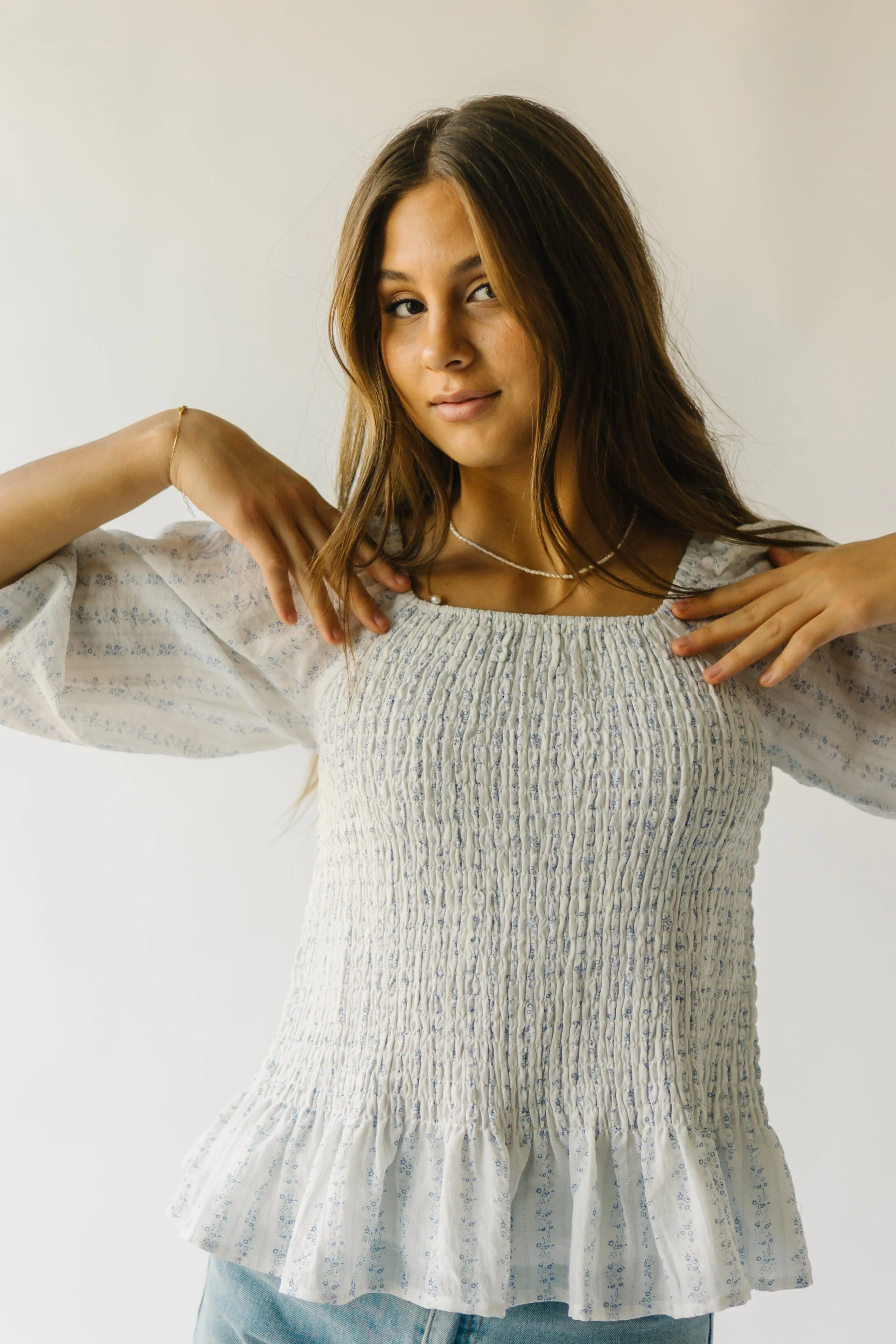 The Tamburro Smocked Detail Blouse in Ivory   Blue