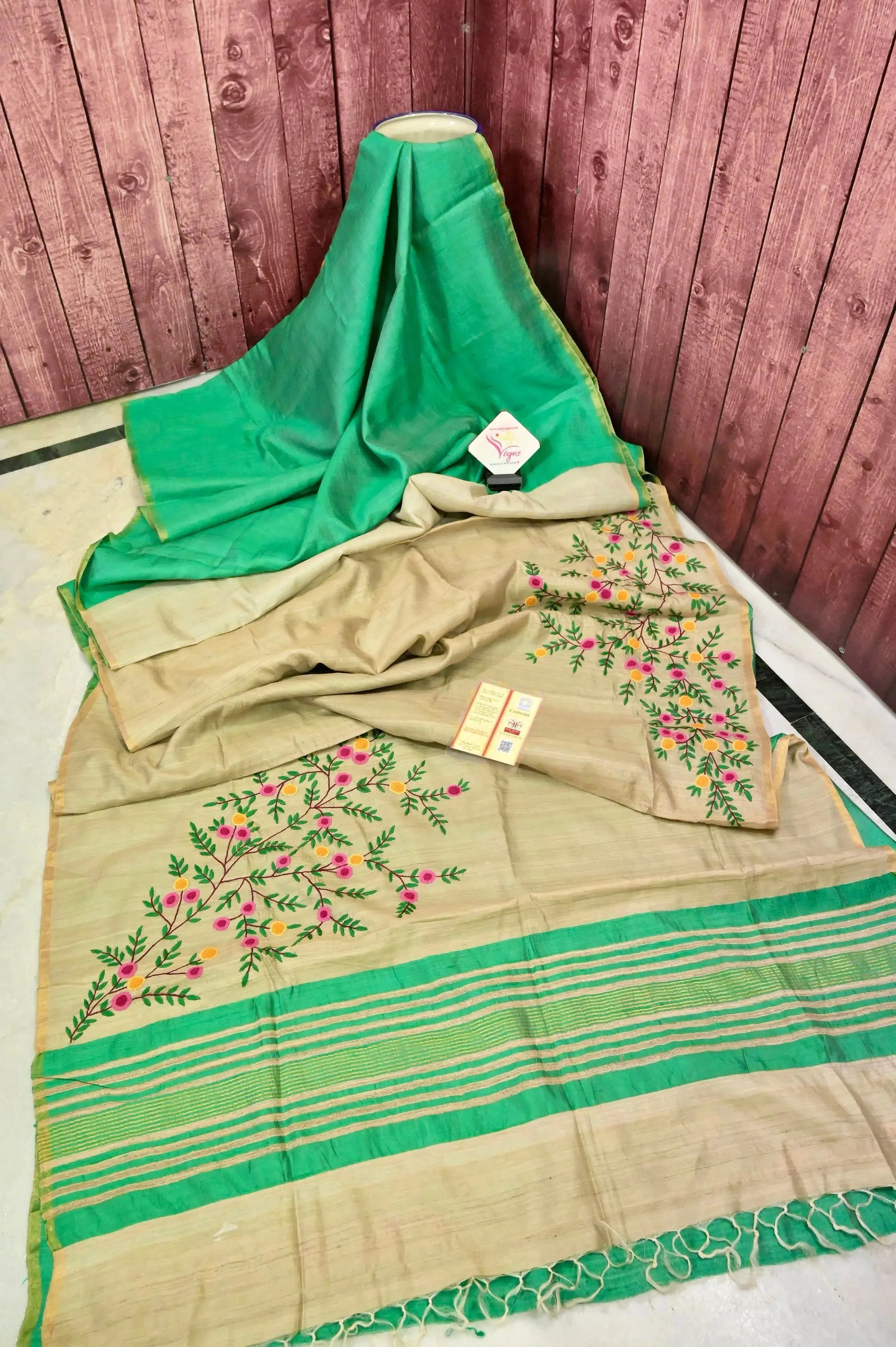 Topaz Green Color Tussar Silk Saree with Hand Embroidery Work