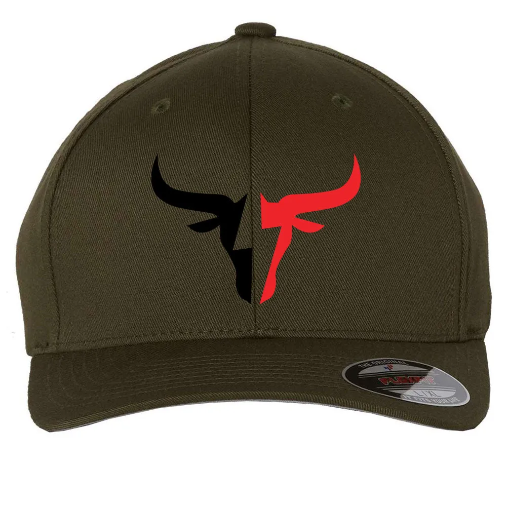 Two Tone Bullhead 6 Panel Mid Profile Flexfit Closed Back Twill Cap - From Small to 2XL Big Size