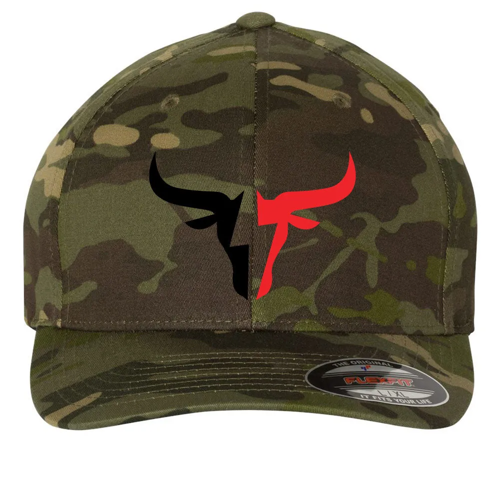 Two Tone Bullhead 6 Panel Mid Profile Flexfit Closed Back Twill Cap - From Small to 2XL Big Size