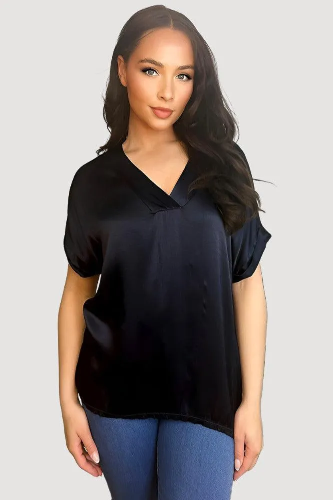 V-Neck Satin Front Short Sleeve Blouse