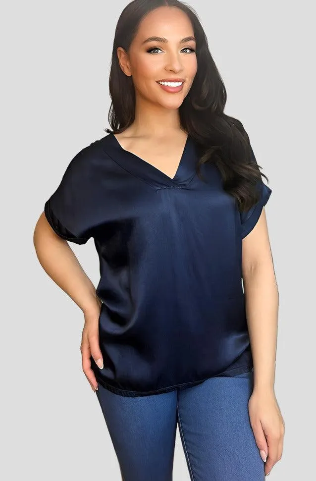 V-Neck Satin Front Short Sleeve Blouse