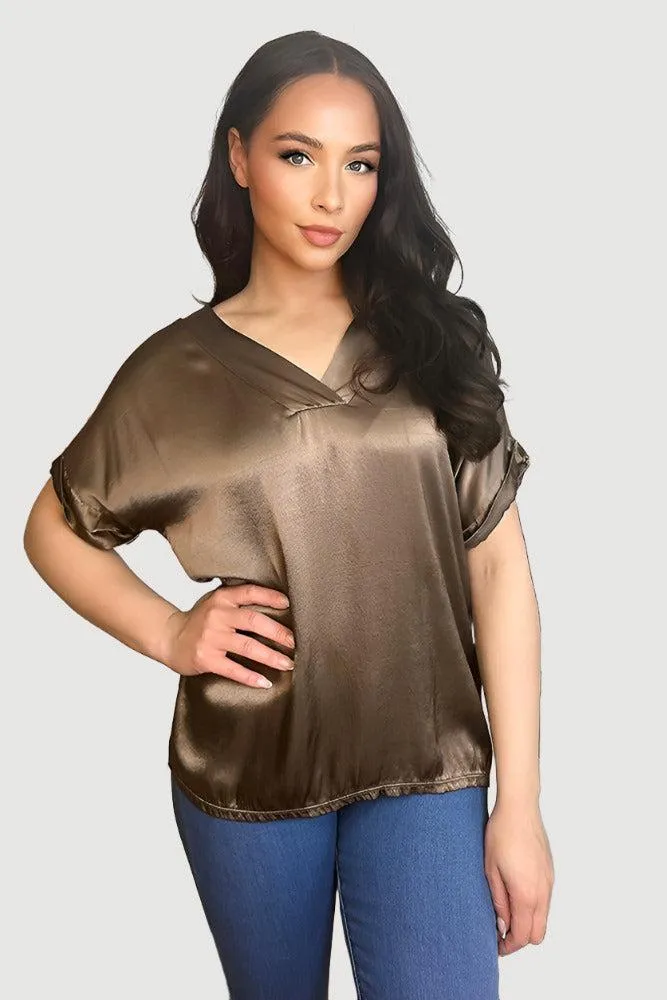 V-Neck Satin Front Short Sleeve Blouse