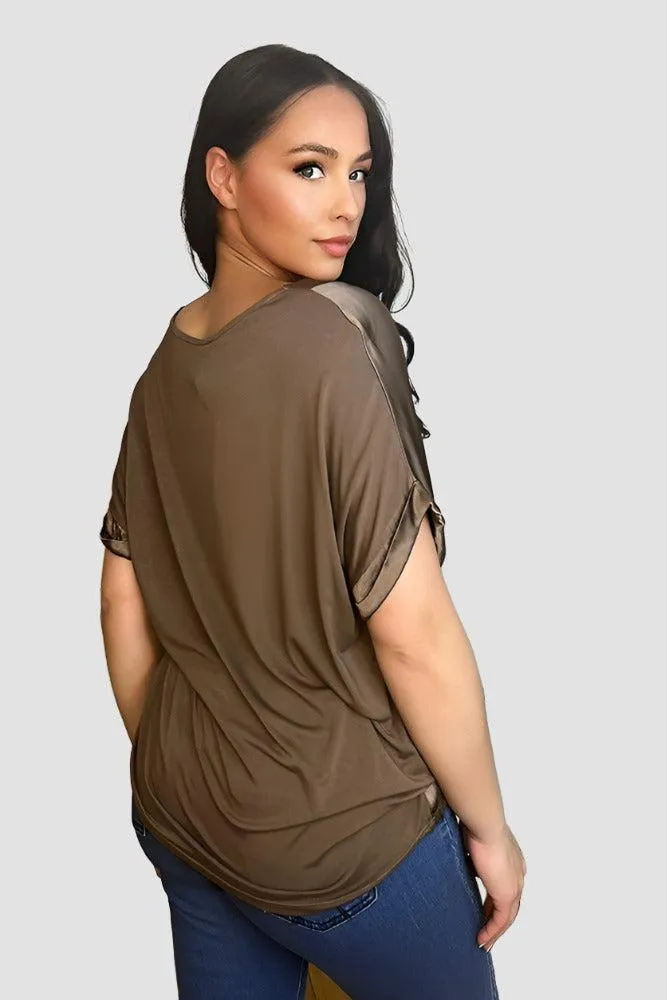 V-Neck Satin Front Short Sleeve Blouse