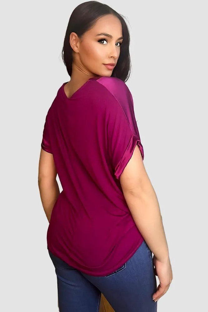 V-Neck Satin Front Short Sleeve Blouse