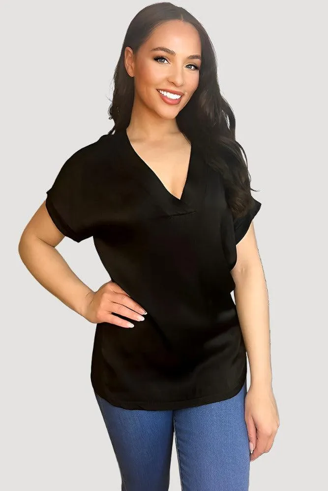 V-Neck Satin Front Short Sleeve Blouse