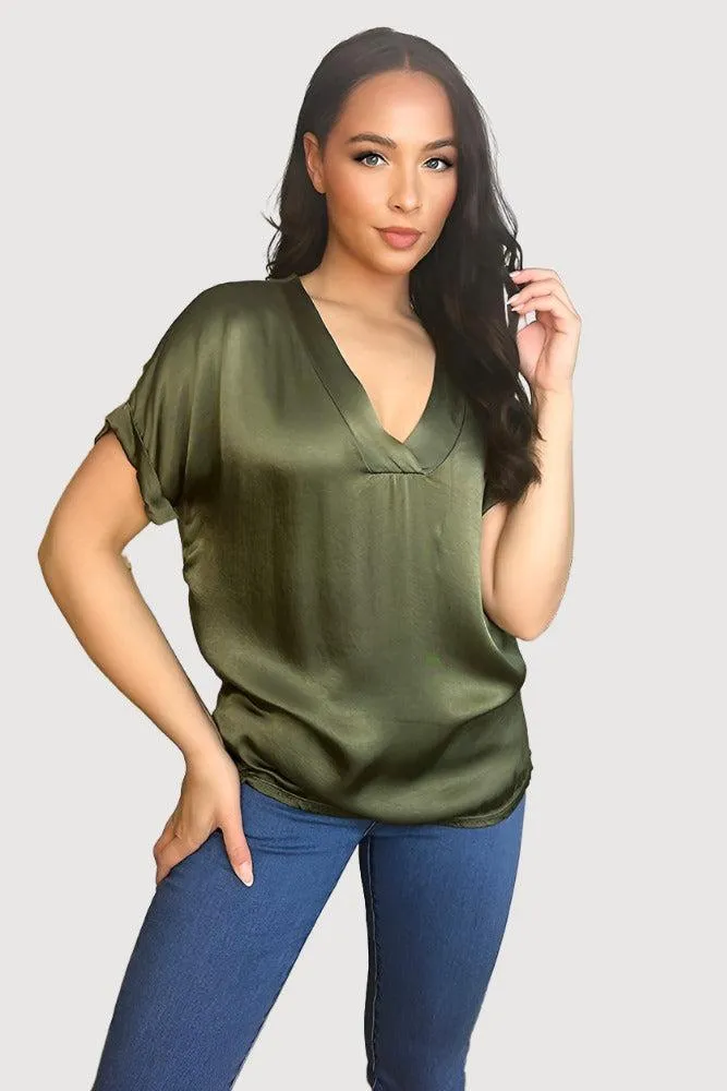 V-Neck Satin Front Short Sleeve Blouse