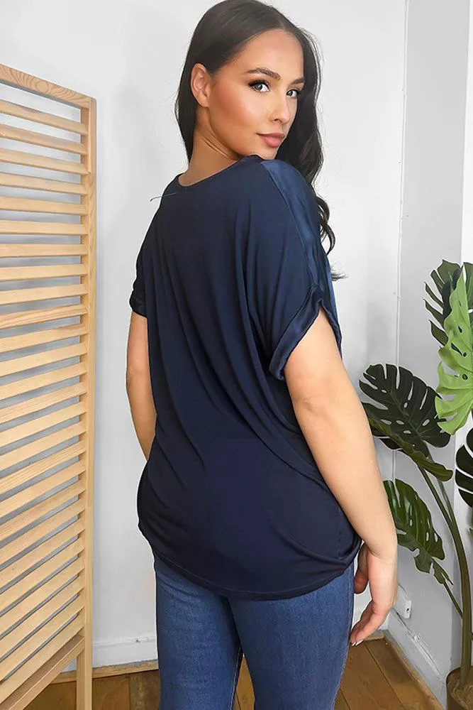 V-Neck Satin Front Short Sleeve Blouse