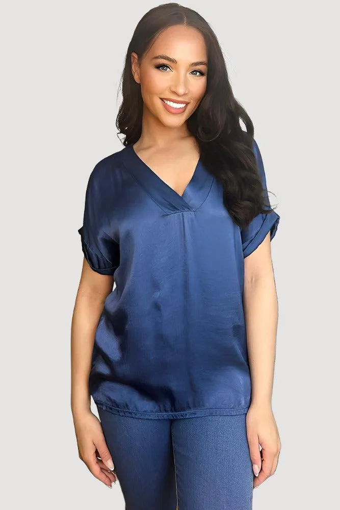 V-Neck Satin Front Short Sleeve Blouse