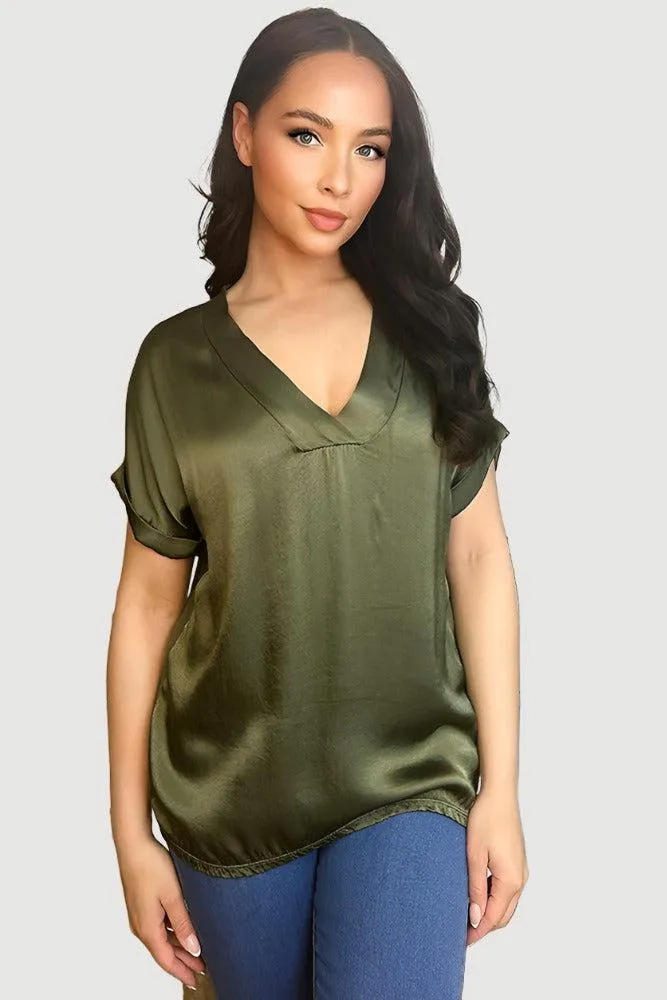 V-Neck Satin Front Short Sleeve Blouse