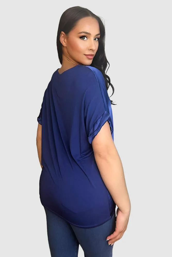 V-Neck Satin Front Short Sleeve Blouse