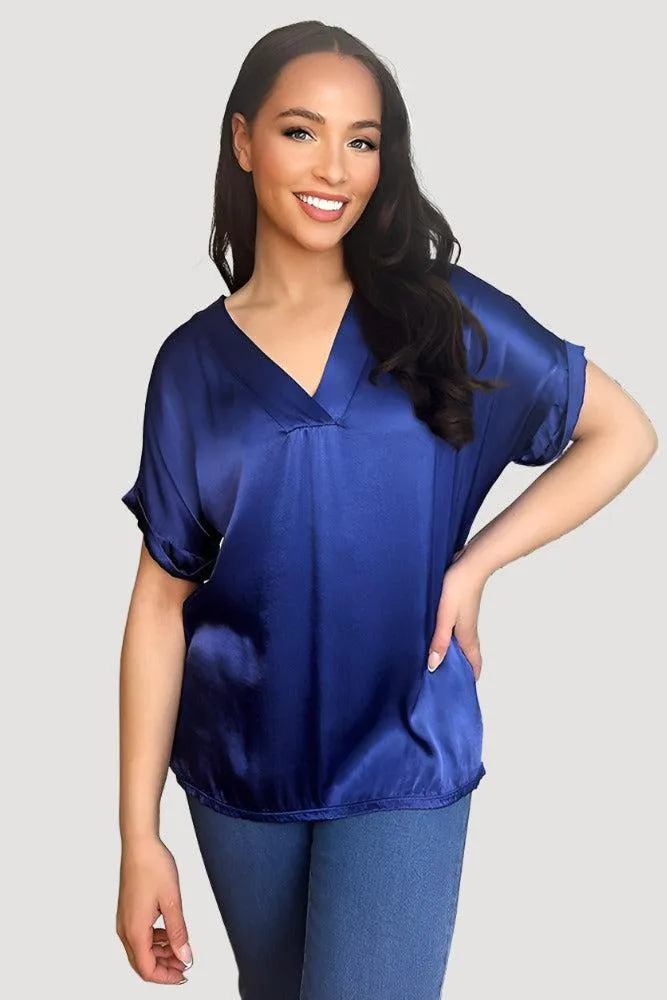 V-Neck Satin Front Short Sleeve Blouse