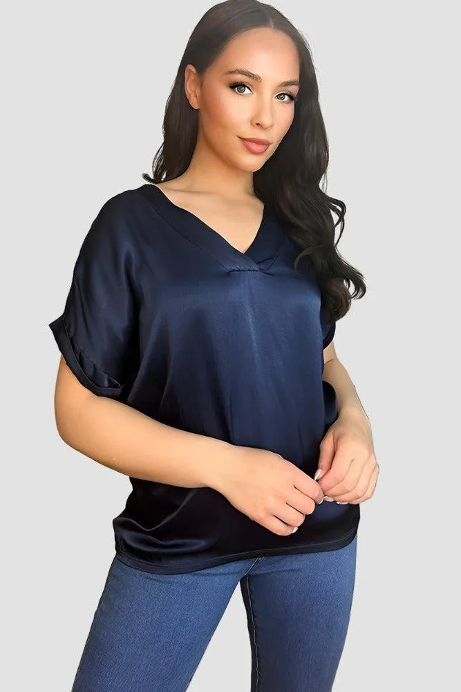 V-Neck Satin Front Short Sleeve Blouse