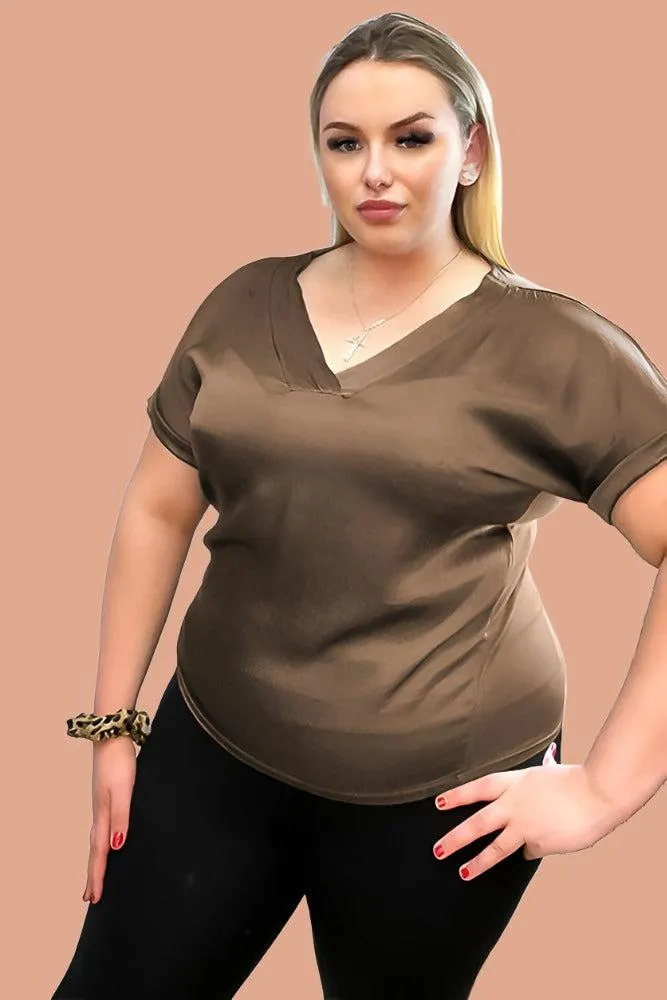 V-Neck Satin Front Short Sleeve Blouse