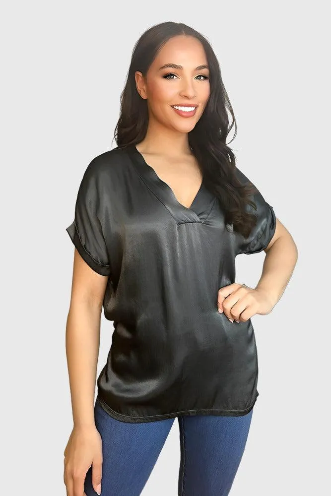 V-Neck Satin Front Short Sleeve Blouse