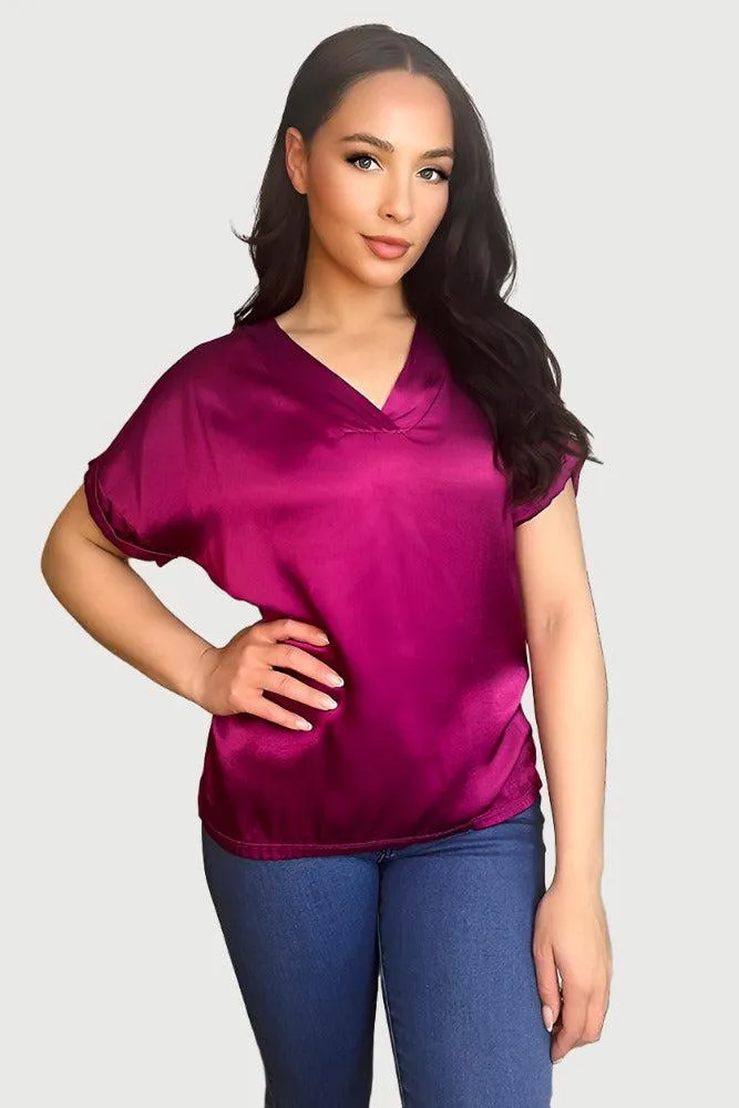 V-Neck Satin Front Short Sleeve Blouse