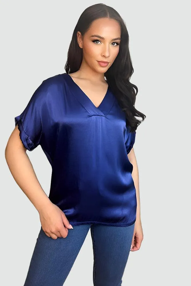 V-Neck Satin Front Short Sleeve Blouse