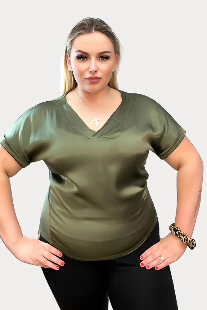 V-Neck Satin Front Short Sleeve Blouse