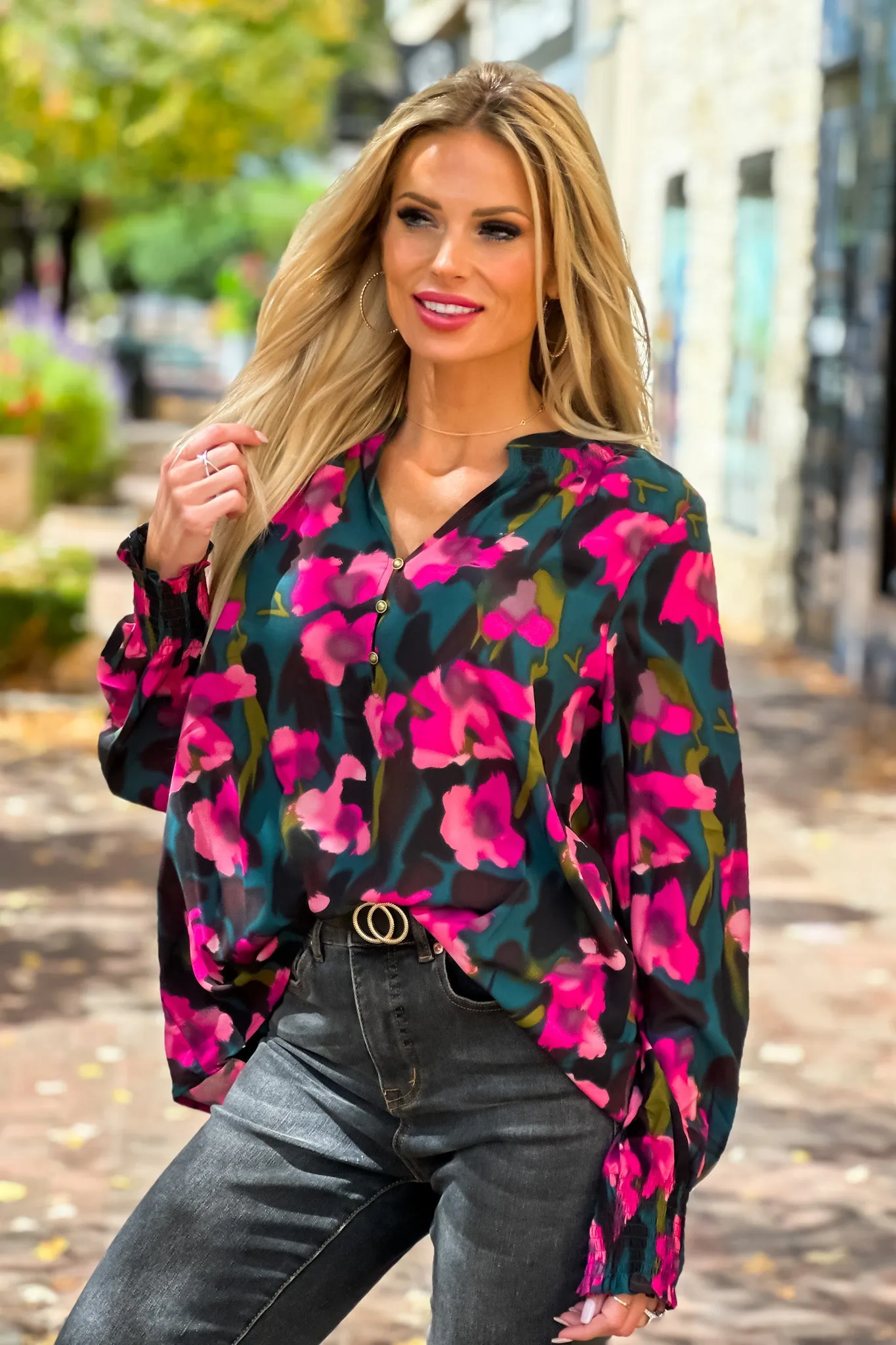 Vibrant Life Smocked Split Neck Floral Blouse : Hunter Green/Pink