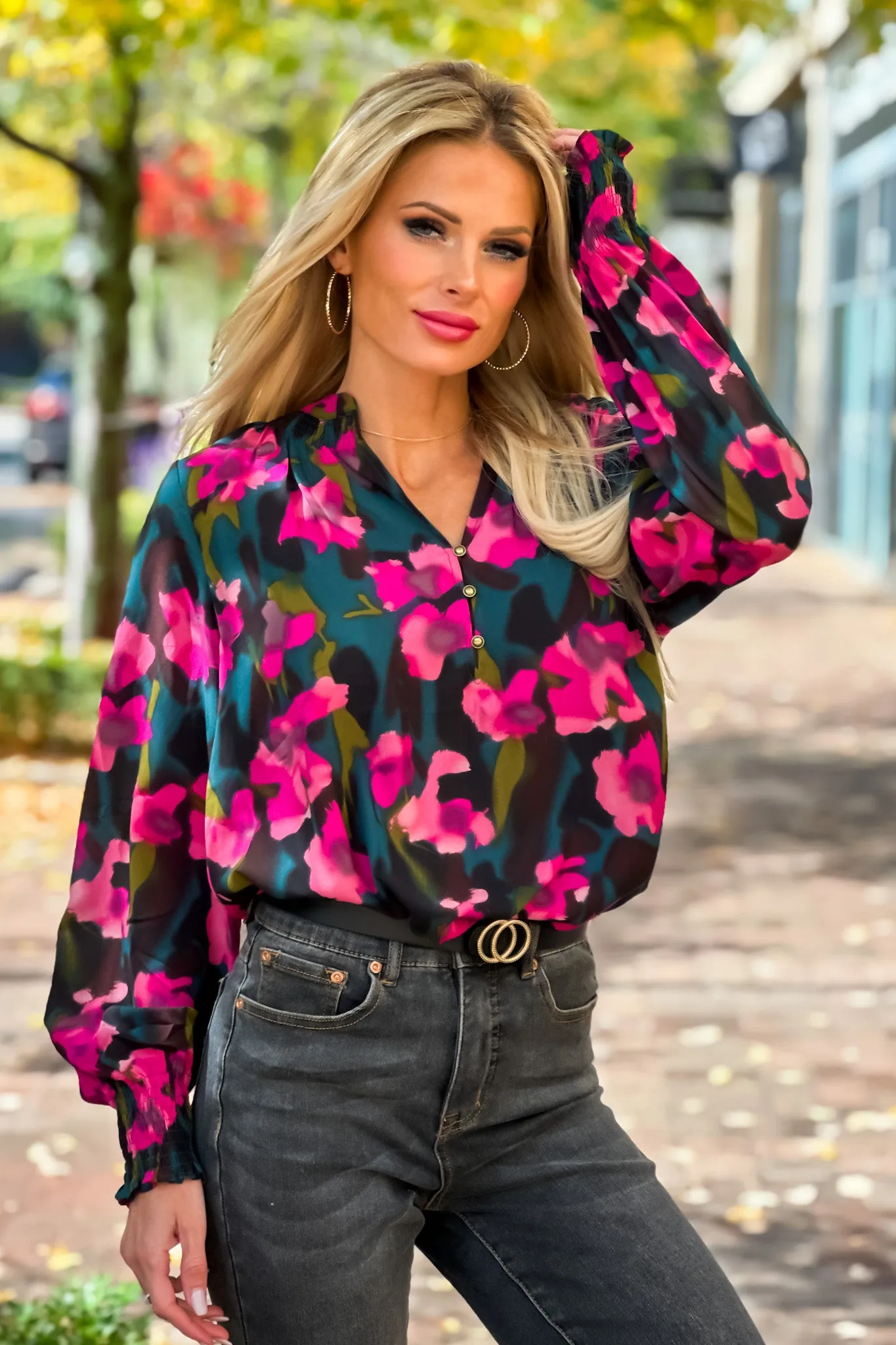 Vibrant Life Smocked Split Neck Floral Blouse : Hunter Green/Pink