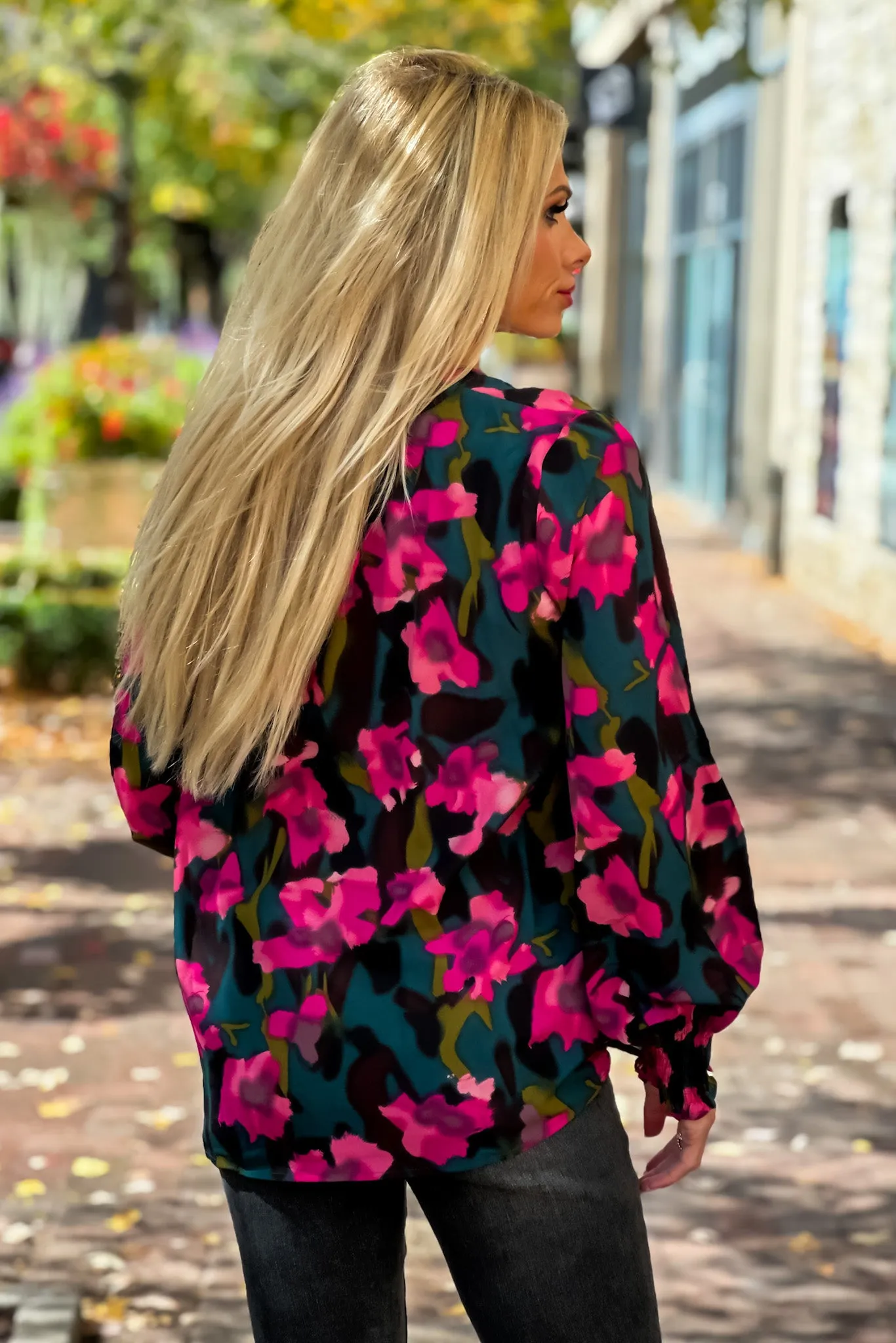 Vibrant Life Smocked Split Neck Floral Blouse : Hunter Green/Pink