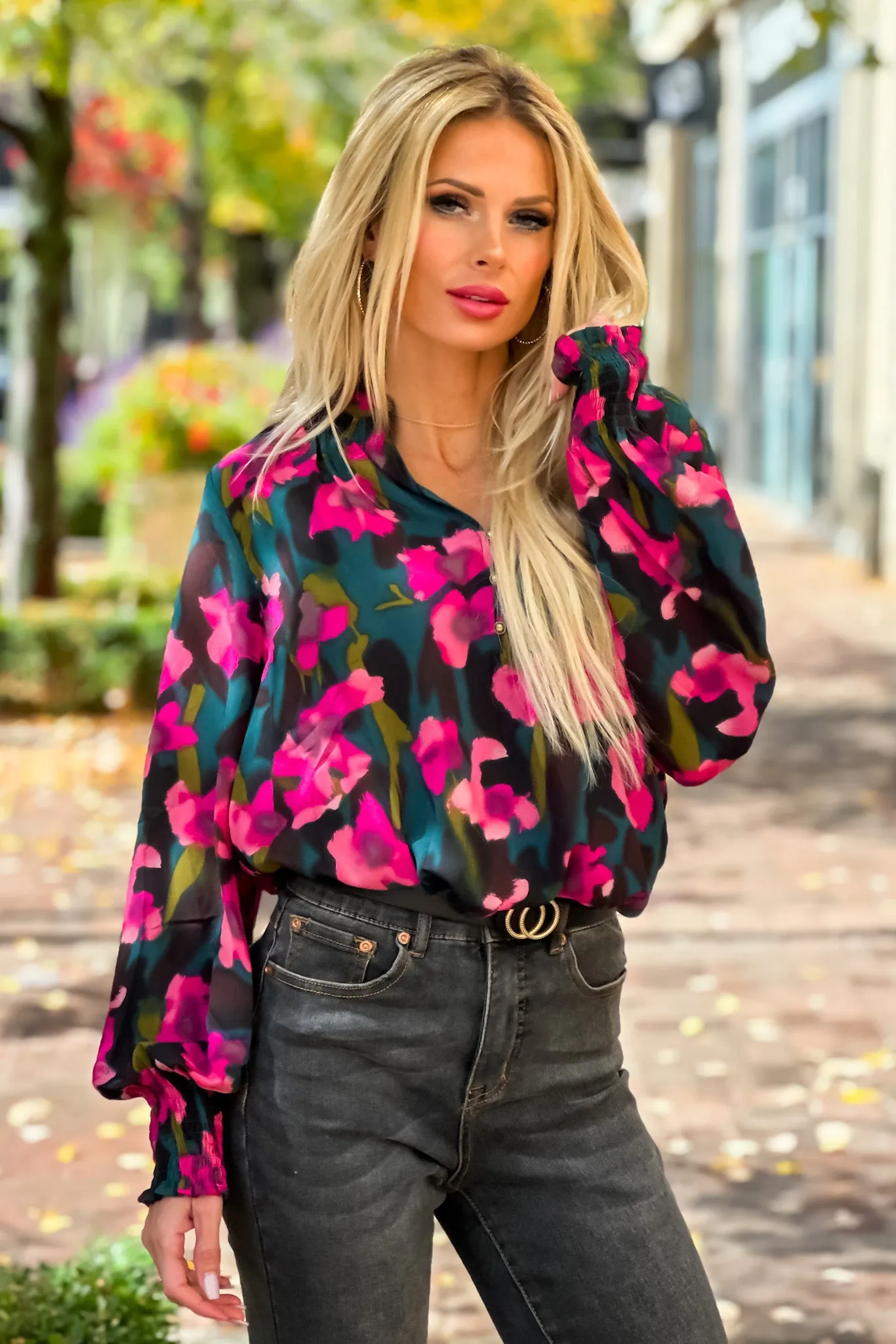 Vibrant Life Smocked Split Neck Floral Blouse : Hunter Green/Pink