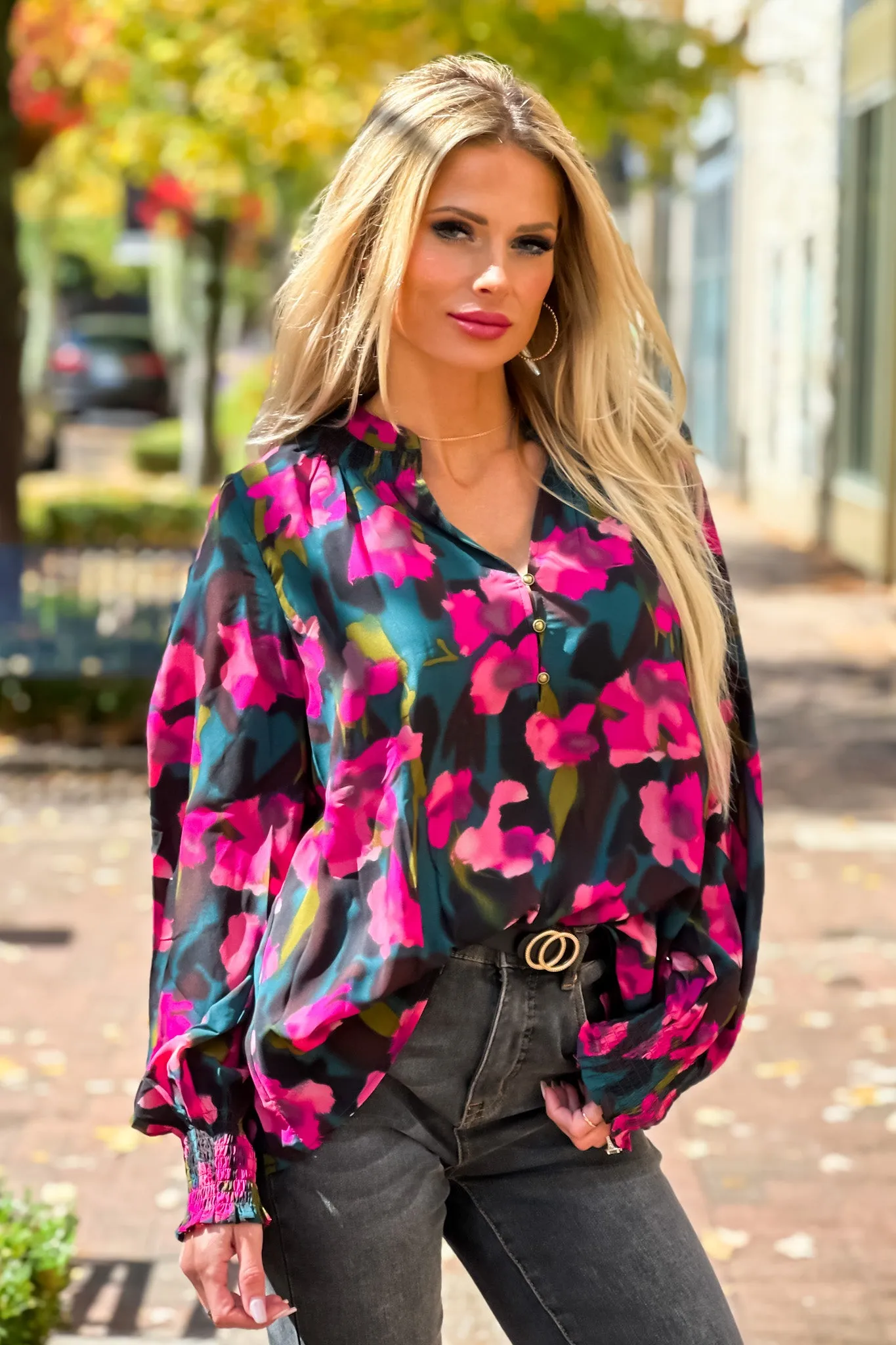 Vibrant Life Smocked Split Neck Floral Blouse : Hunter Green/Pink