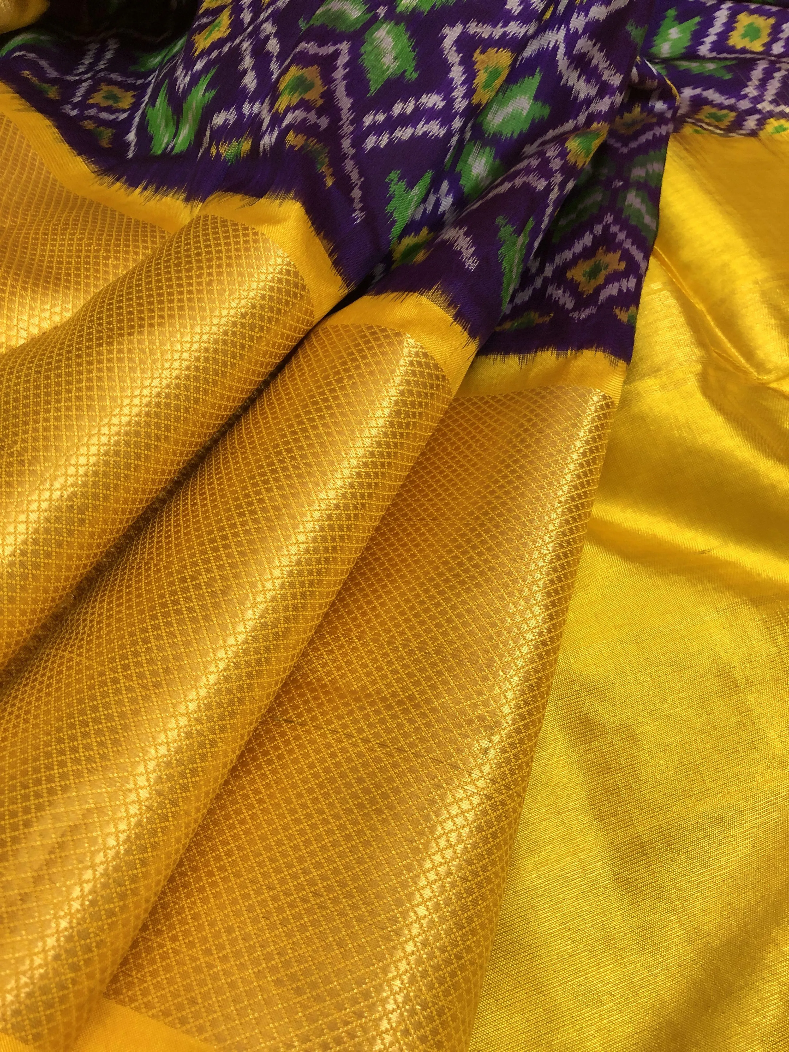 Violet and Golden yellow Color Pure Ikat Silk Saree with Broad Border