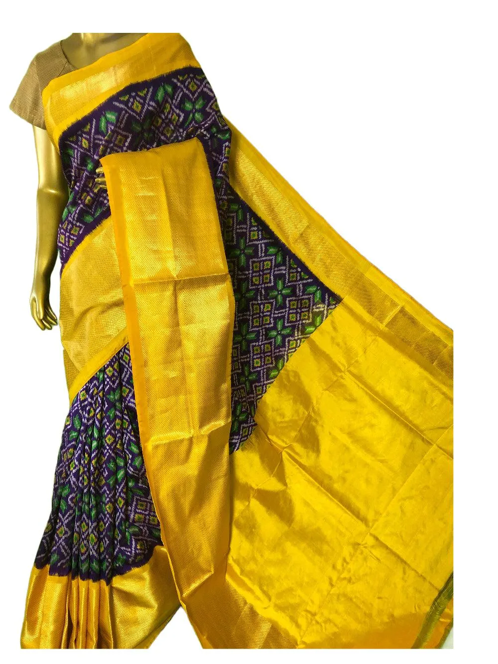 Violet and Golden yellow Color Pure Ikat Silk Saree with Broad Border