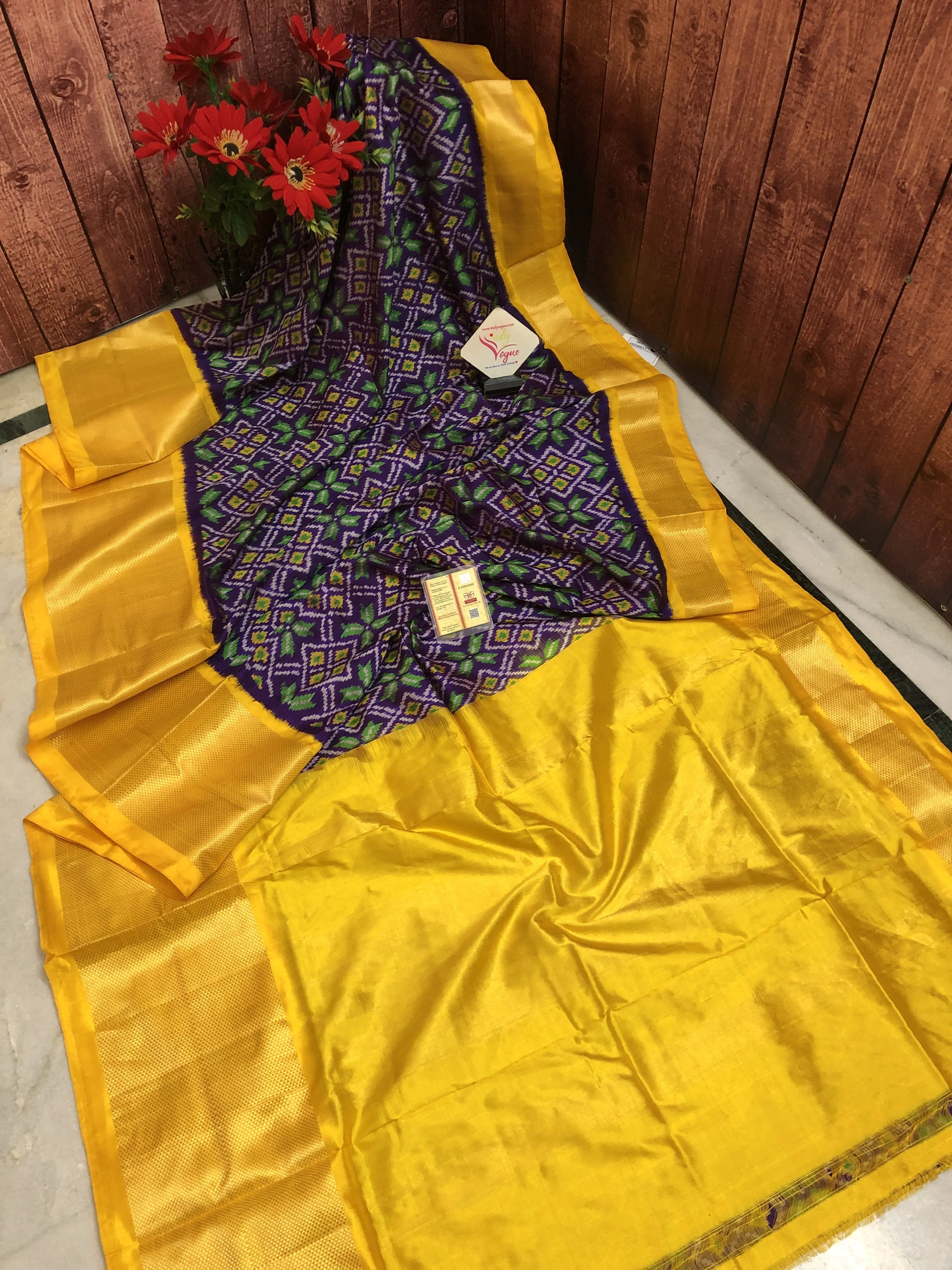 Violet and Golden yellow Color Pure Ikat Silk Saree with Broad Border