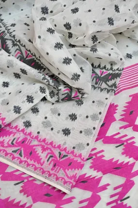 White and Magenta Pink Color Jamdani Saree with Gap Border