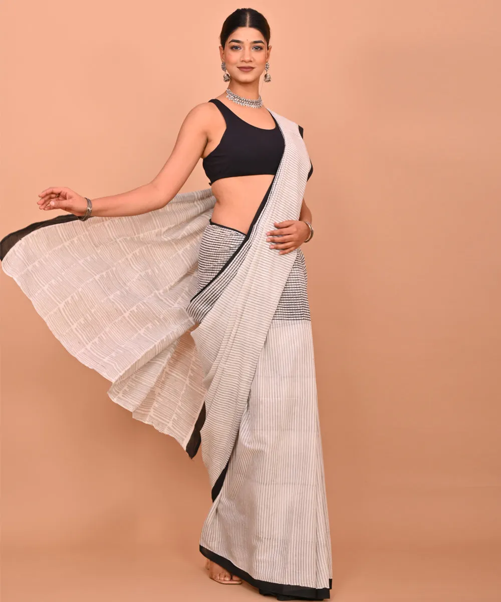 White black stripe cotton hand printed bagru saree