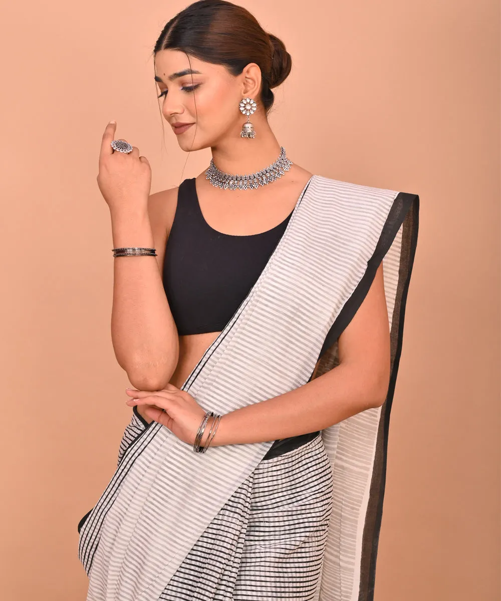 White black stripe cotton hand printed bagru saree