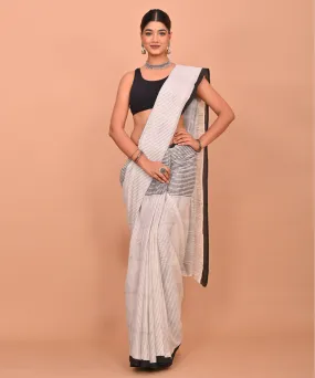 White black stripe cotton hand printed bagru saree