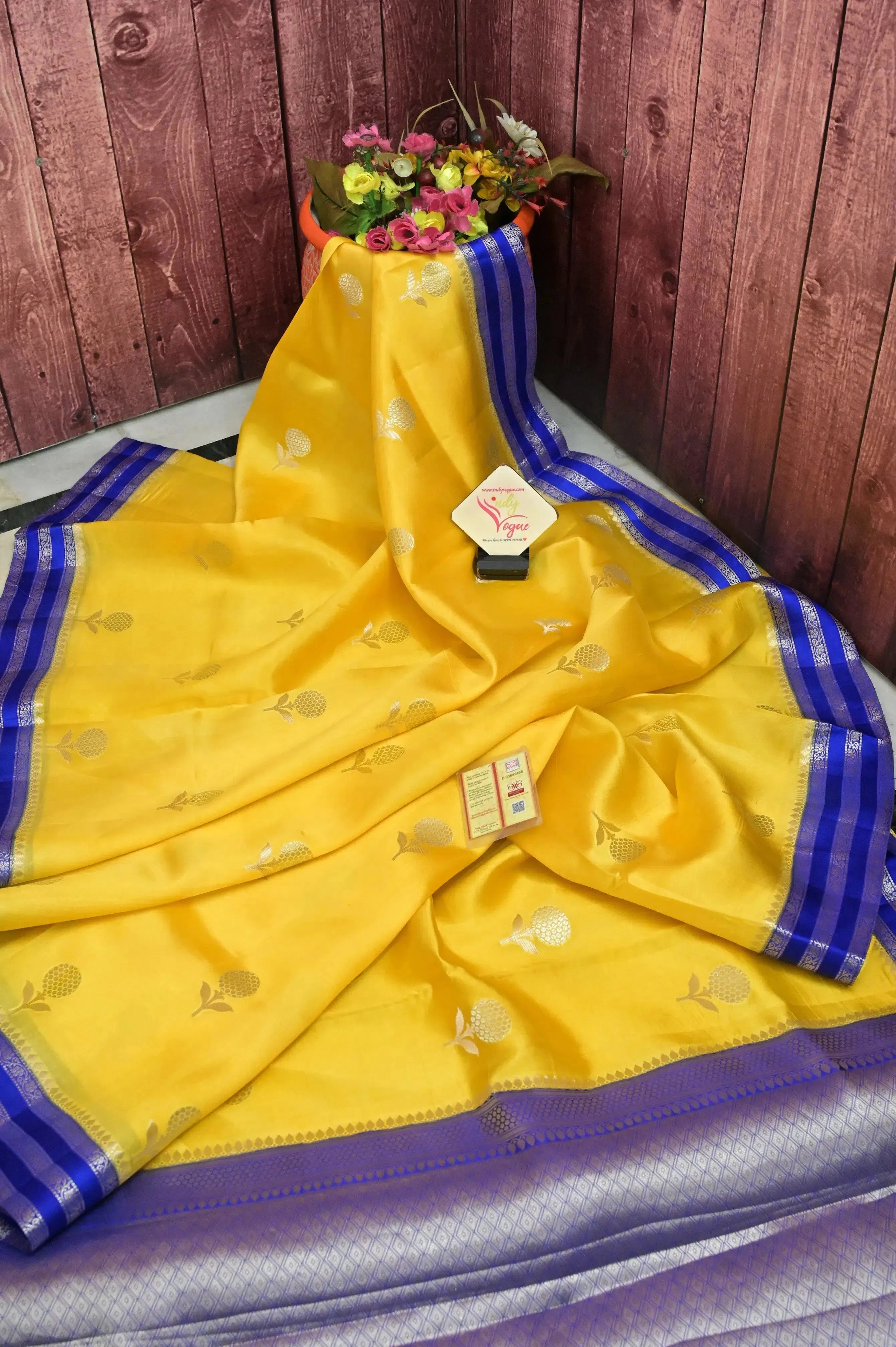 Yellow and Blue Color Mango Silk Banarasi Saree with Silver Zari Butta and Meenakari Work