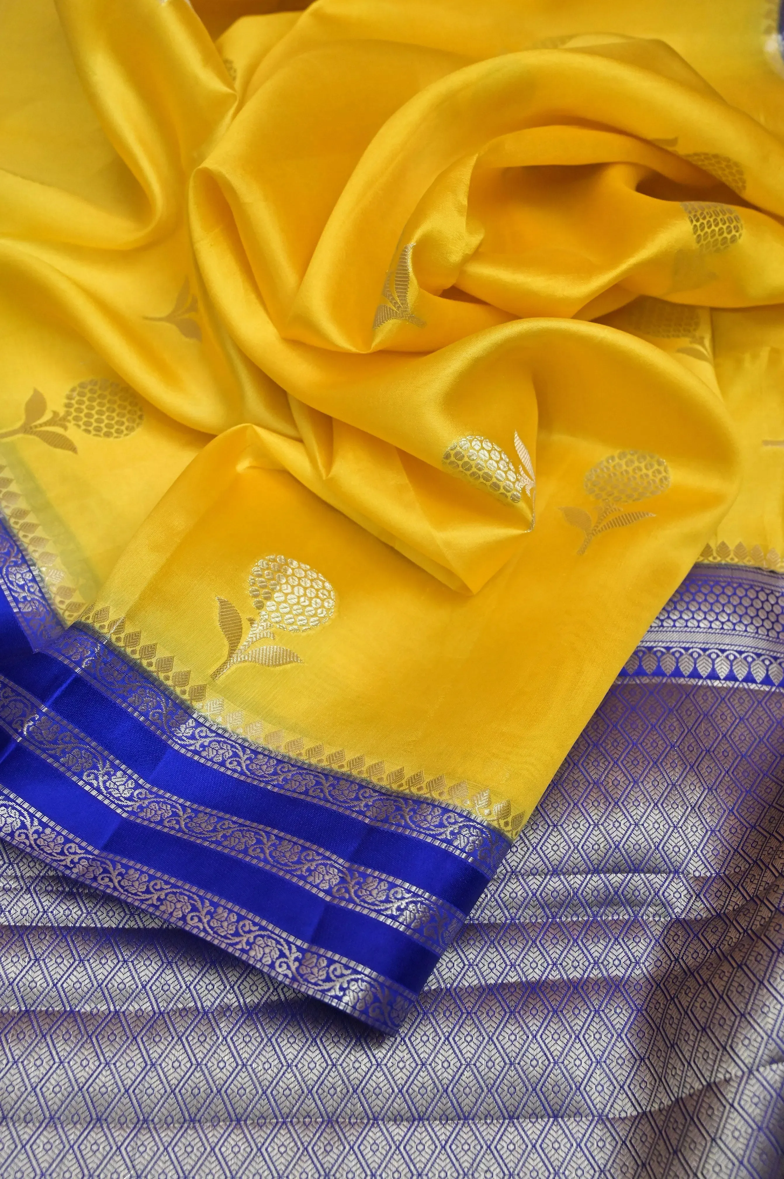 Yellow and Blue Color Mango Silk Banarasi Saree with Silver Zari Butta and Meenakari Work