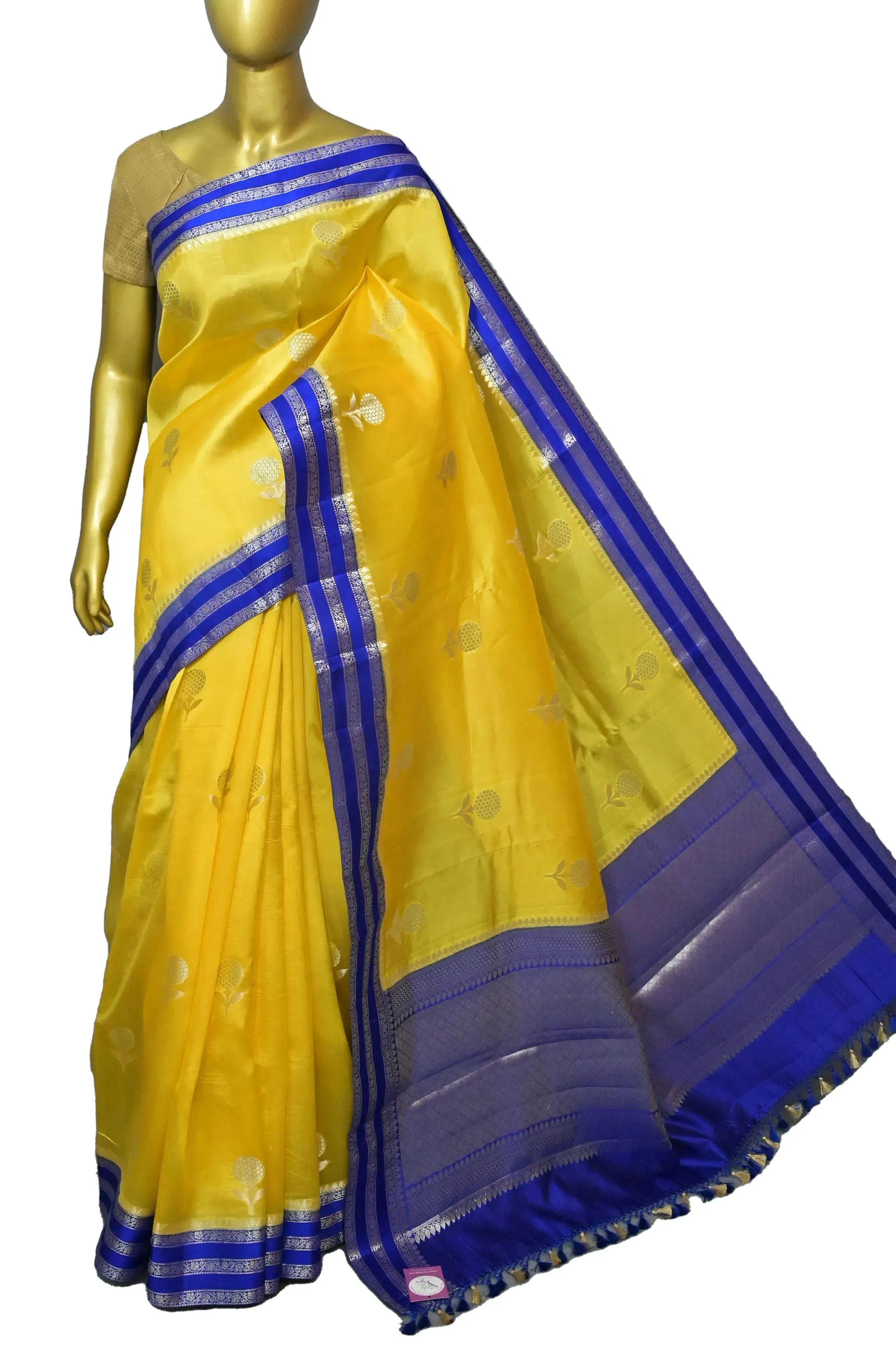 Yellow and Blue Color Mango Silk Banarasi Saree with Silver Zari Butta and Meenakari Work