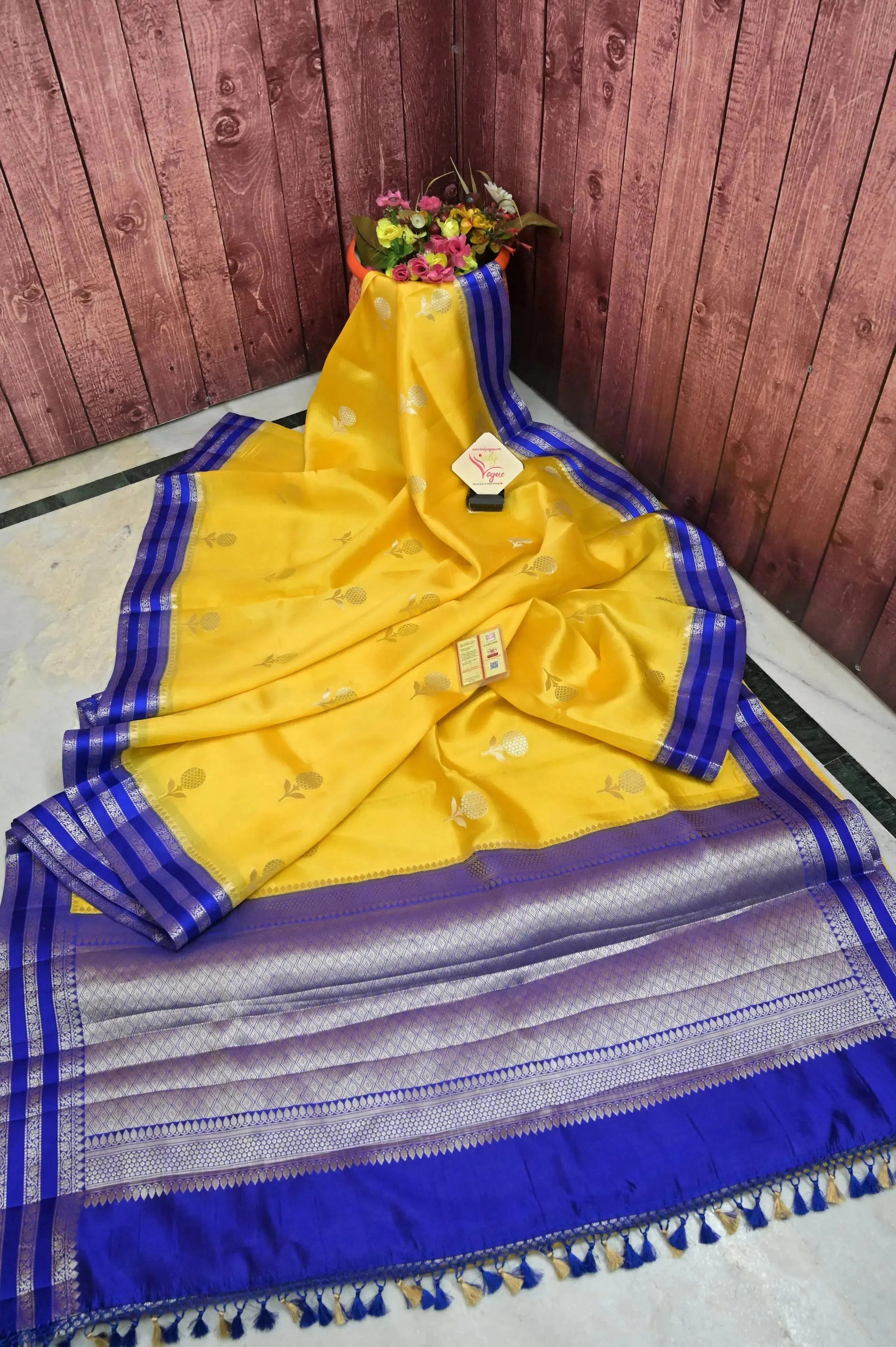 Yellow and Blue Color Mango Silk Banarasi Saree with Silver Zari Butta and Meenakari Work