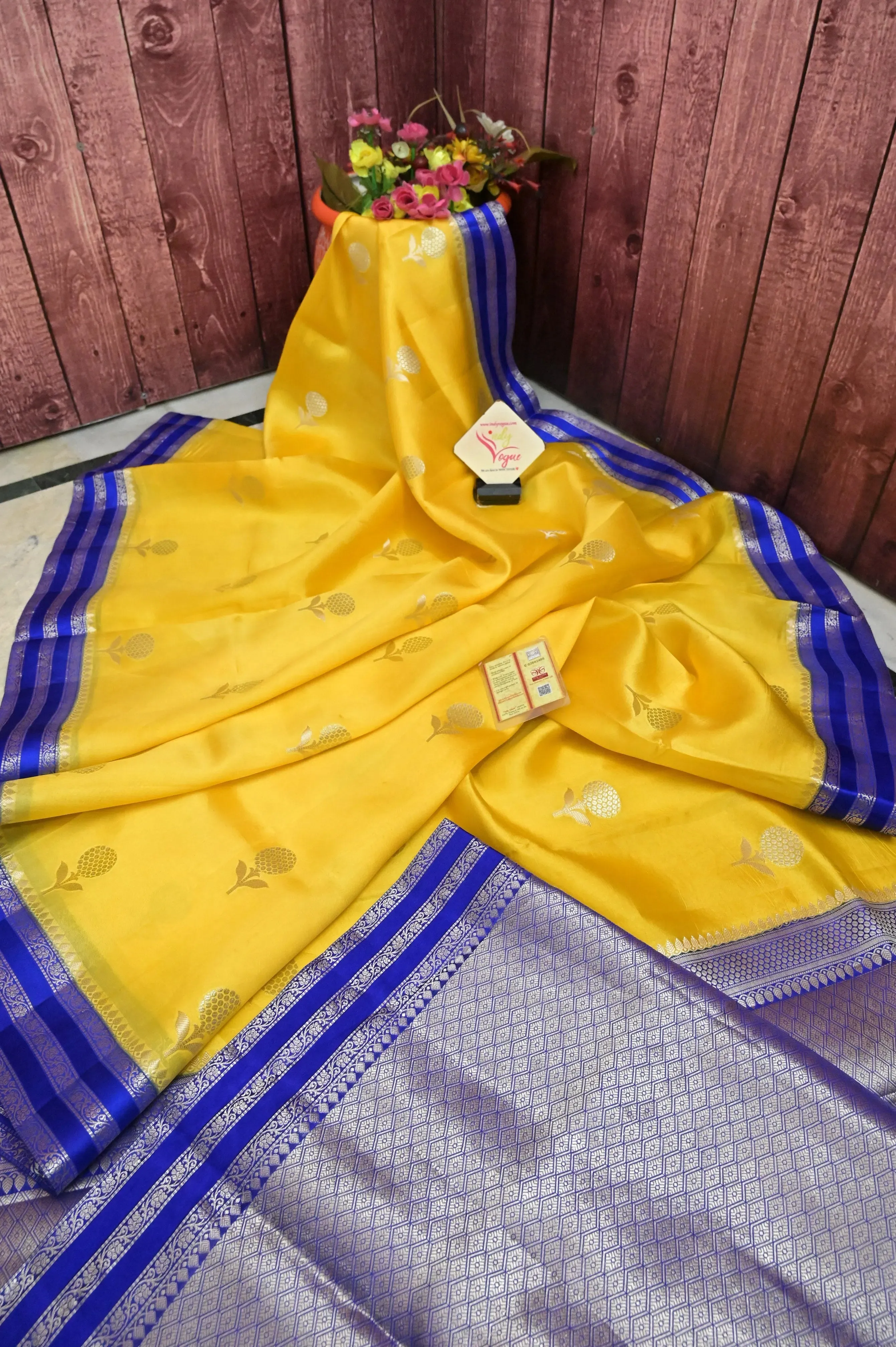 Yellow and Blue Color Mango Silk Banarasi Saree with Silver Zari Butta and Meenakari Work