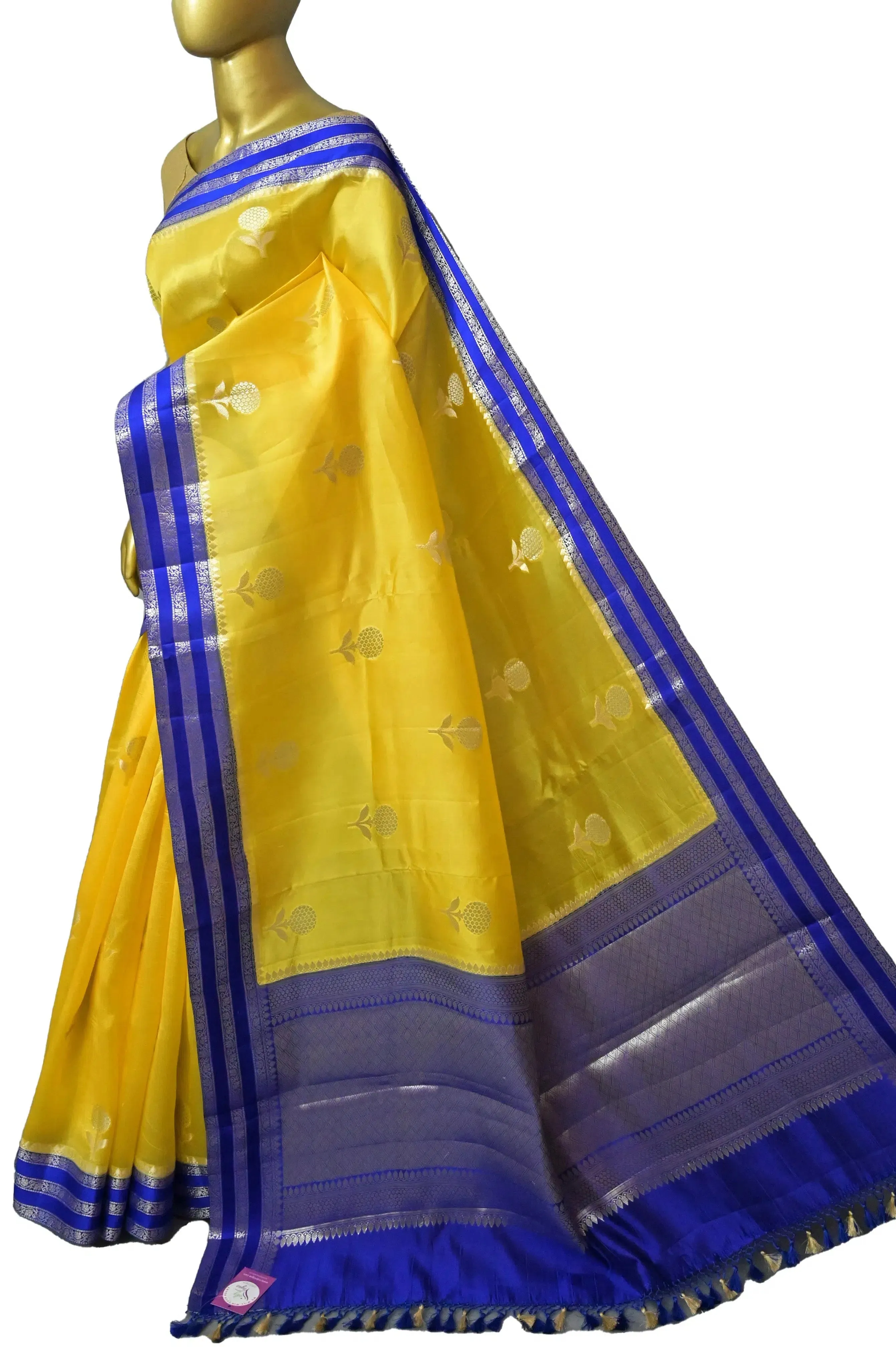 Yellow and Blue Color Mango Silk Banarasi Saree with Silver Zari Butta and Meenakari Work