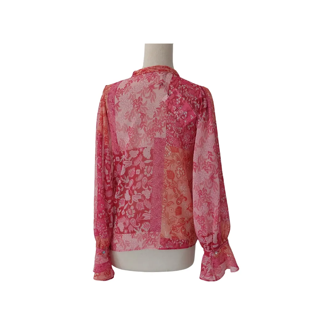 ZARA Pink Printed Frill Semi-sheer Blouse | Brand New |