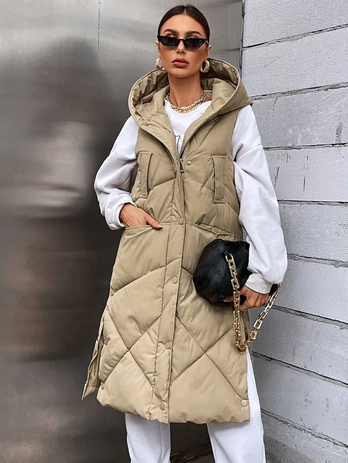 Zip Up Snap Button Hooded Puffer Vest Coat